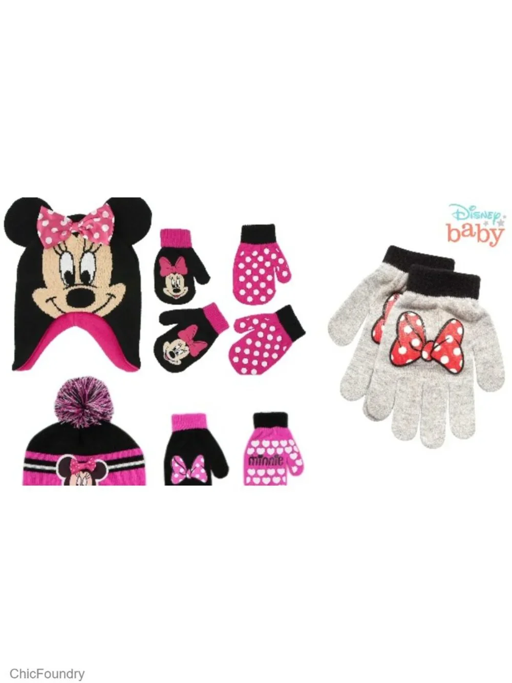 Kids Beanie Hat and Gloves Set 3D Bow Winter Cap 2 Pairs Mittens